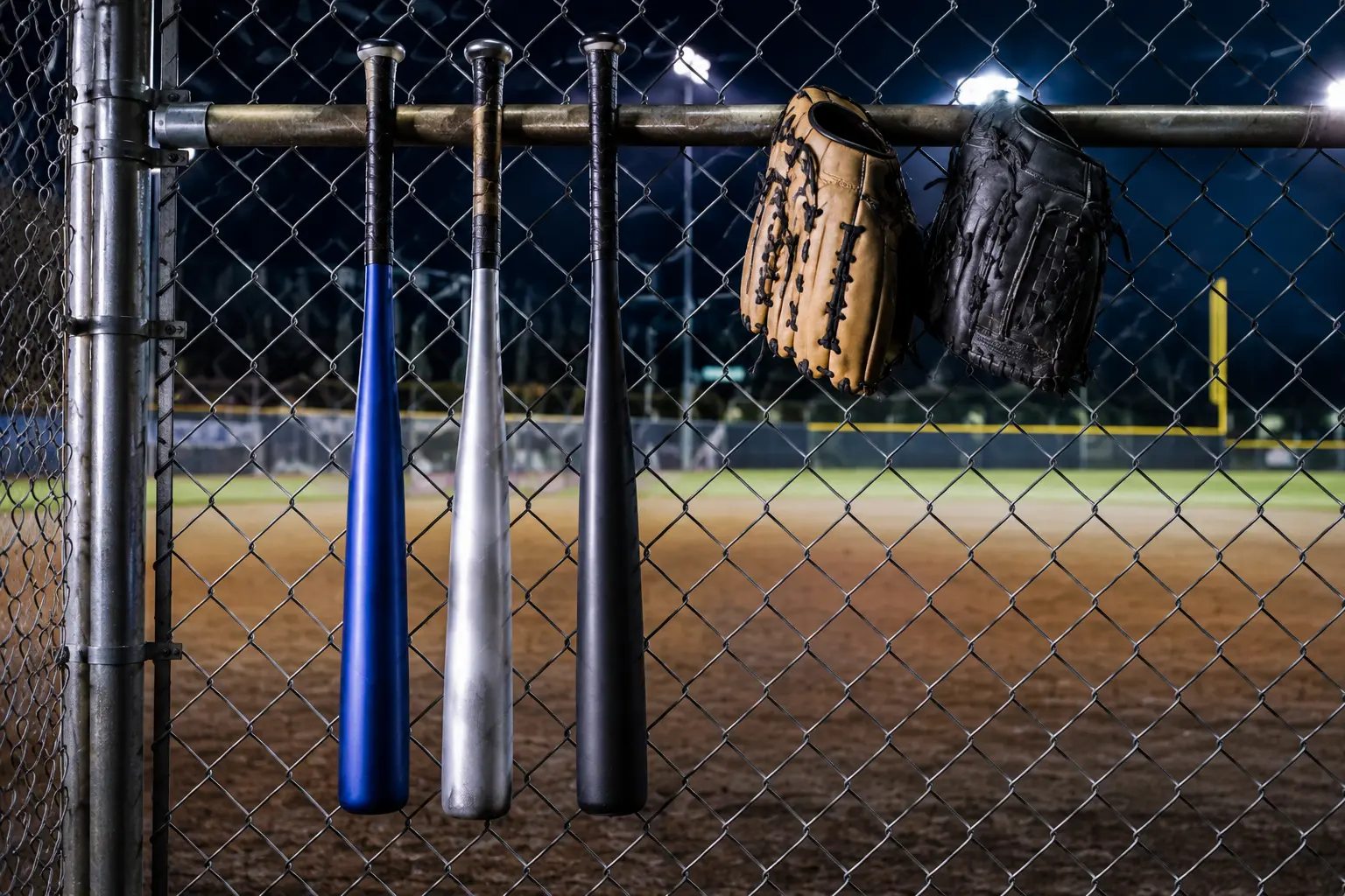 Unbranded softball bats and gloves hanging on a chain-link dugout fence