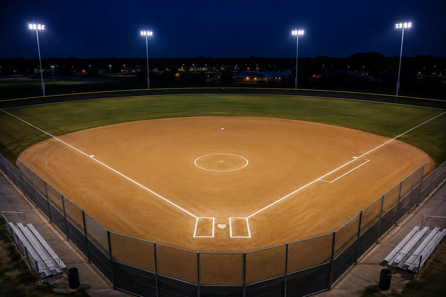 Empty floodlit softball diamond viewed from above at night